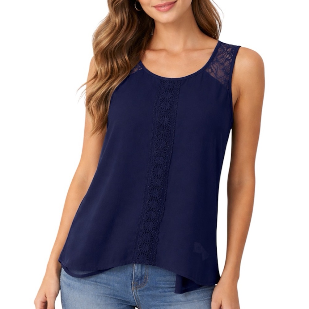 Doe & Rae Navy Lace Sheer Chiffon Tank Top